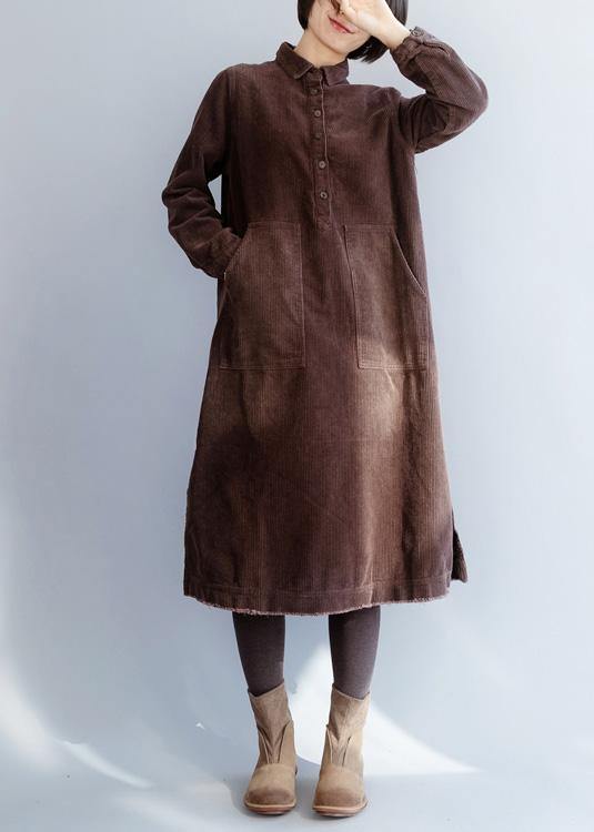 Women brown cotton Wardrobes side open Robe lapel collar Dresses - bagstylebliss