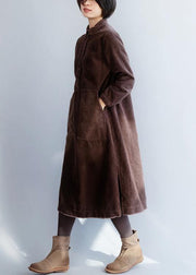 Women brown cotton Wardrobes side open Robe lapel collar Dresses - bagstylebliss