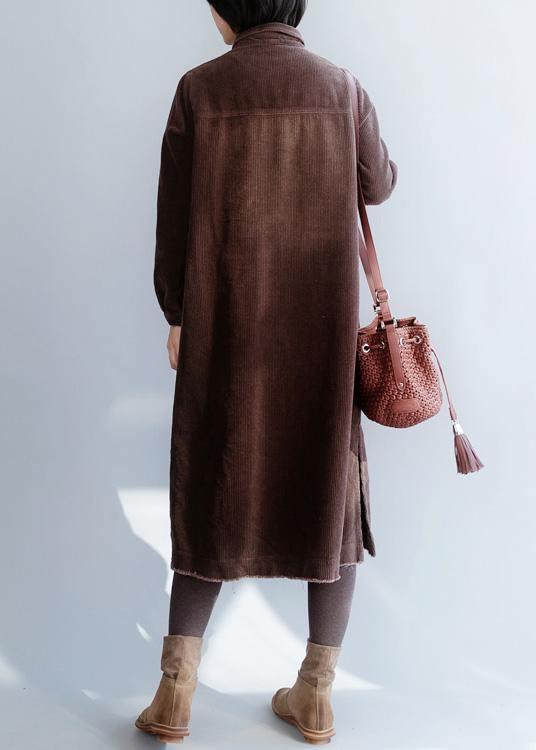 Women brown cotton Wardrobes side open Robe lapel collar Dresses - bagstylebliss