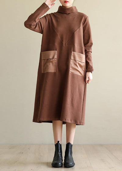 Women brown cotton clothes high neck patchwork Dress - bagstylebliss