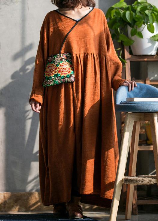 Women brown cotton linen quilting dresses o neck embroidery spring Dresses - bagstylebliss