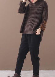 Women brown knit tops patchwork sleeve casual high neck sweaters - bagstylebliss