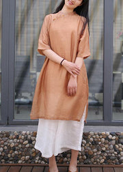 Women brown linen outfit stand collar side open Art Dress - bagstylebliss