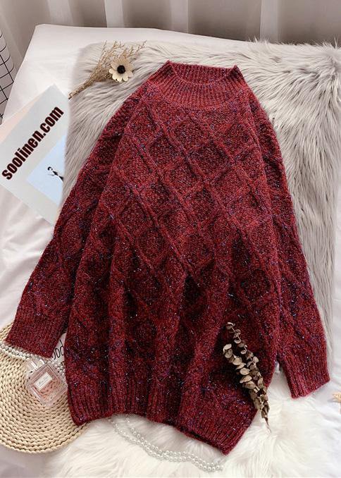 Women burgundy Sweater outfits plus size o neck thick Art  knitted tops - bagstylebliss