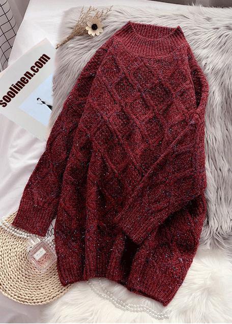 Women burgundy Sweater outfits plus size o neck thick Art  knitted tops - bagstylebliss