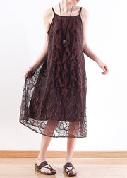 Women chocolate Lace tunic top stylish pattern sleeveless A Line summer Dresses - bagstylebliss