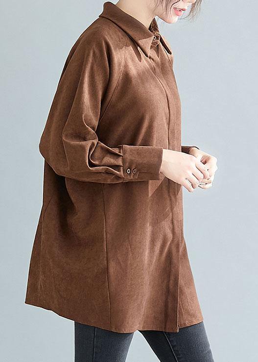 Women chocolate cotton tops women lapel Button oversized spring blouses - bagstylebliss