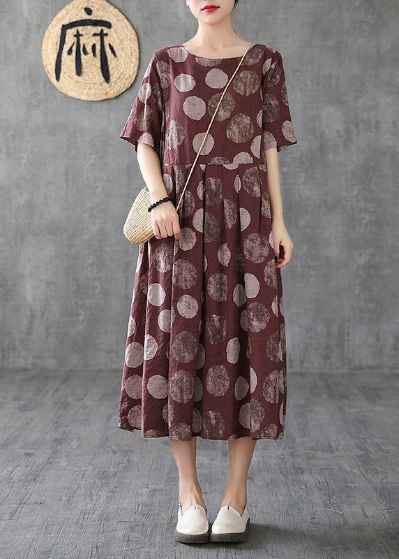 Women chocolate dotted linen cotton clothes o neck Cinched Robe Dress - bagstylebliss