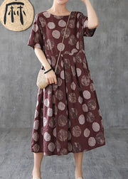 Women chocolate dotted linen cotton clothes o neck Cinched Robe Dress - bagstylebliss