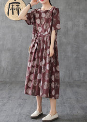 Women chocolate dotted linen cotton clothes o neck Cinched Robe Dress - bagstylebliss