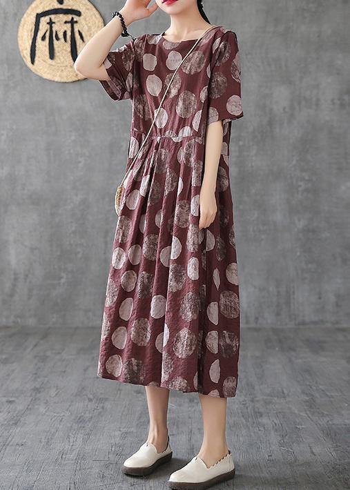 Women chocolate dotted linen cotton clothes o neck Cinched Robe Dress - bagstylebliss