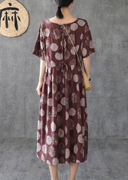 Women chocolate dotted linen cotton clothes o neck Cinched Robe Dress - bagstylebliss