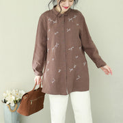 Women chocolate linen Blouse Vintage Shape embroidery Plus Size Clothing lapel shirts