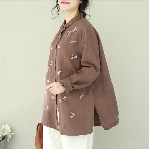 Women chocolate linen Blouse Vintage Shape embroidery Plus Size Clothing lapel shirts