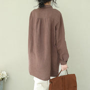 Women chocolate linen Blouse Vintage Shape embroidery Plus Size Clothing lapel shirts