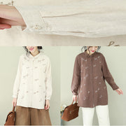 Women chocolate linen Blouse Vintage Shape embroidery Plus Size Clothing lapel shirts