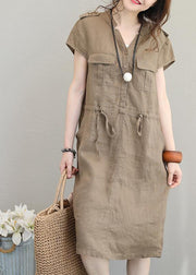 Women chocolate linen clothes v neck drawstring shift summer Dresses - bagstylebliss