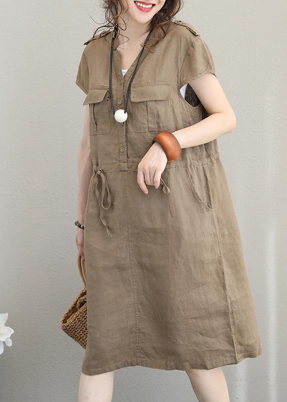 Women chocolate linen clothes v neck drawstring shift summer Dresses - bagstylebliss