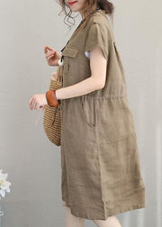 Women chocolate linen clothes v neck drawstring shift summer Dresses - bagstylebliss