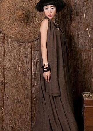 Women chocolate linen dresses sleeveless cotton Dresses - bagstylebliss