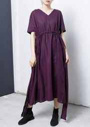 Women cotton Tunics Fine Lacing And Drawstring Solid Color Dress - bagstylebliss