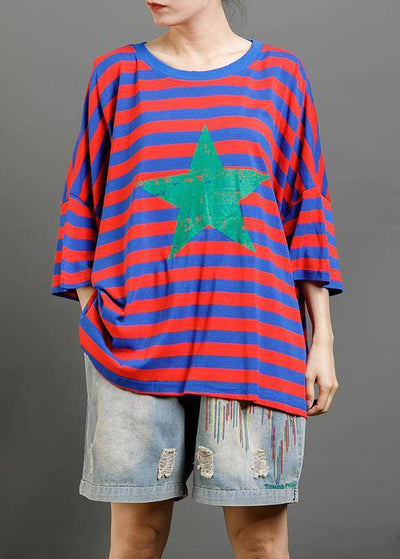 Women cotton clothes For Women Pakistani Red And Blue Stripes Casual Loose Blouse - bagstylebliss