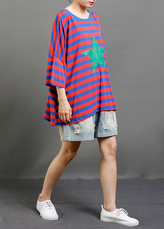 Women cotton clothes For Women Pakistani Red And Blue Stripes Casual Loose Blouse - bagstylebliss