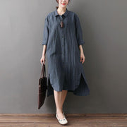 Women cotton linen outfit plus size Loose Irregular Hem Stripe Shirt Dress