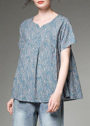 Women cotton linen tunic top Plus Size Split Neck blue Printed Pleated Short Sleeve T-Shirt - bagstylebliss