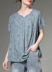 Women cotton linen tunic top Plus Size Split Neck blue Printed Pleated Short Sleeve T-Shirt - bagstylebliss