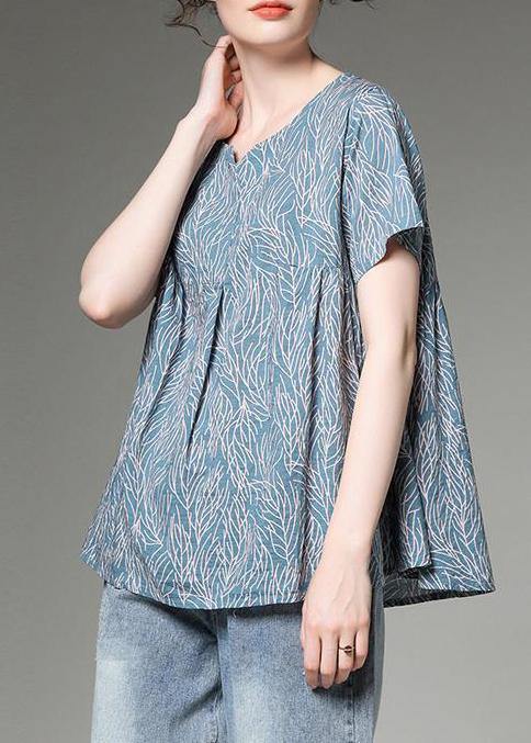 Women cotton linen tunic top Plus Size Split Neck blue Printed Pleated Short Sleeve T-Shirt - bagstylebliss