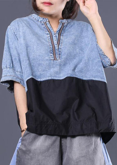 Women cotton shirts women Women Cotton V-Neck Spliced Pleated Short Sleeve Blouse - bagstylebliss