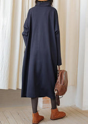 Women dark blue cotton Tunics high neck patchwork Plus Size fall Dress - bagstylebliss