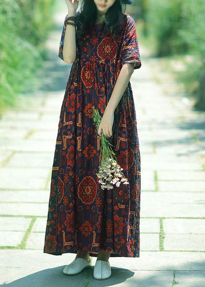 Women dark blue print linen Soft Surroundings o neck Cinched summer Dress - bagstylebliss