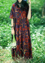 Women dark blue print linen Soft Surroundings o neck Cinched summer Dress - bagstylebliss