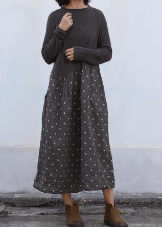 Women dark gray Sweater dress outfit Beautiful big hem DIY patchwork knit dresses - bagstylebliss