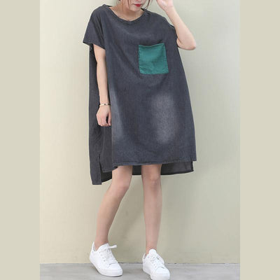 Women denim black Cotton clothes Women o neck green pockets Midi Dresses - bagstylebliss