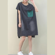 Women denim black Cotton clothes Women o neck green pockets Midi Dresses - bagstylebliss