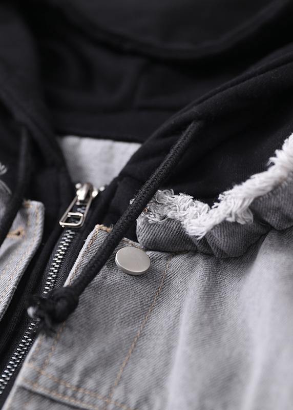Women denim blue patchwork black Fine tunic coats hooded pockets coat - bagstylebliss
