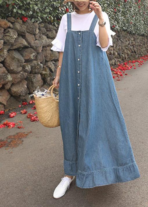 Women denim blue quilting dresses Spaghetti Strap Ruffles loose Dresses - bagstylebliss