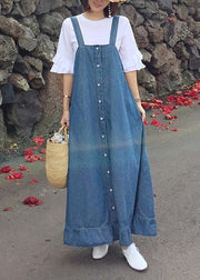 Women denim blue quilting dresses Spaghetti Strap Ruffles loose Dresses - bagstylebliss