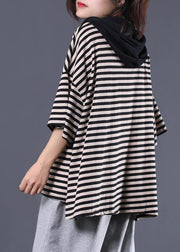 Women drawstring hooded cotton tunic pattern Tunic Tops black striped blouse summer - bagstylebliss