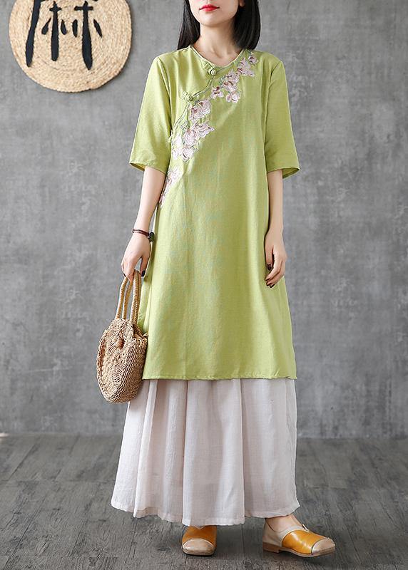 Women embroidery Chinese Button linen Catwalk green Dress - bagstylebliss