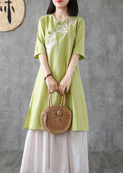 Women embroidery Chinese Button linen Catwalk green Dress - bagstylebliss