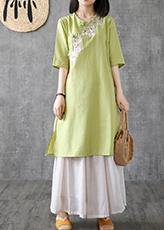 Women embroidery Chinese Button linen Catwalk green Dress - bagstylebliss