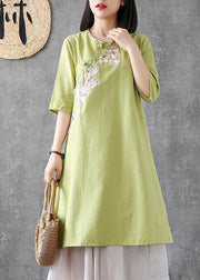 Women embroidery Chinese Button linen Catwalk green Dress - bagstylebliss