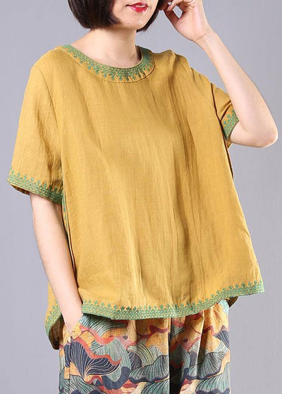 Women embroidery cotton linen Tunic yellow loose shirts summer - bagstylebliss