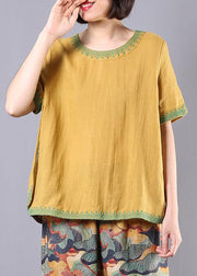 Women embroidery cotton linen Tunic yellow loose shirts summer - bagstylebliss