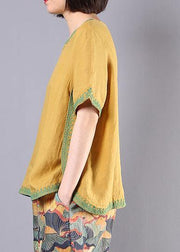 Women embroidery cotton linen Tunic yellow loose shirts summer - bagstylebliss