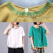 Women embroidery cotton linen Tunic yellow loose shirts summer - bagstylebliss